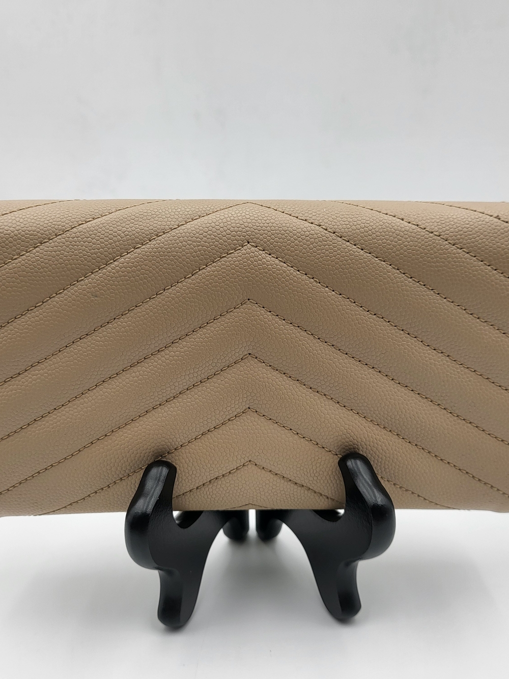 YVES SAINT LAURENT Grain De Poudre Matelasse Chevron Flap Wallet Dark Beige Auth - Picture 5 of 16